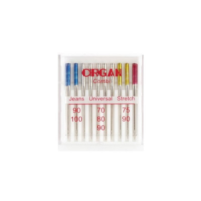 Иглы ORGAN для бытовых швейных машин комбинированные (Джинсовые/Универсальные/Стрейч), уп.10 игл